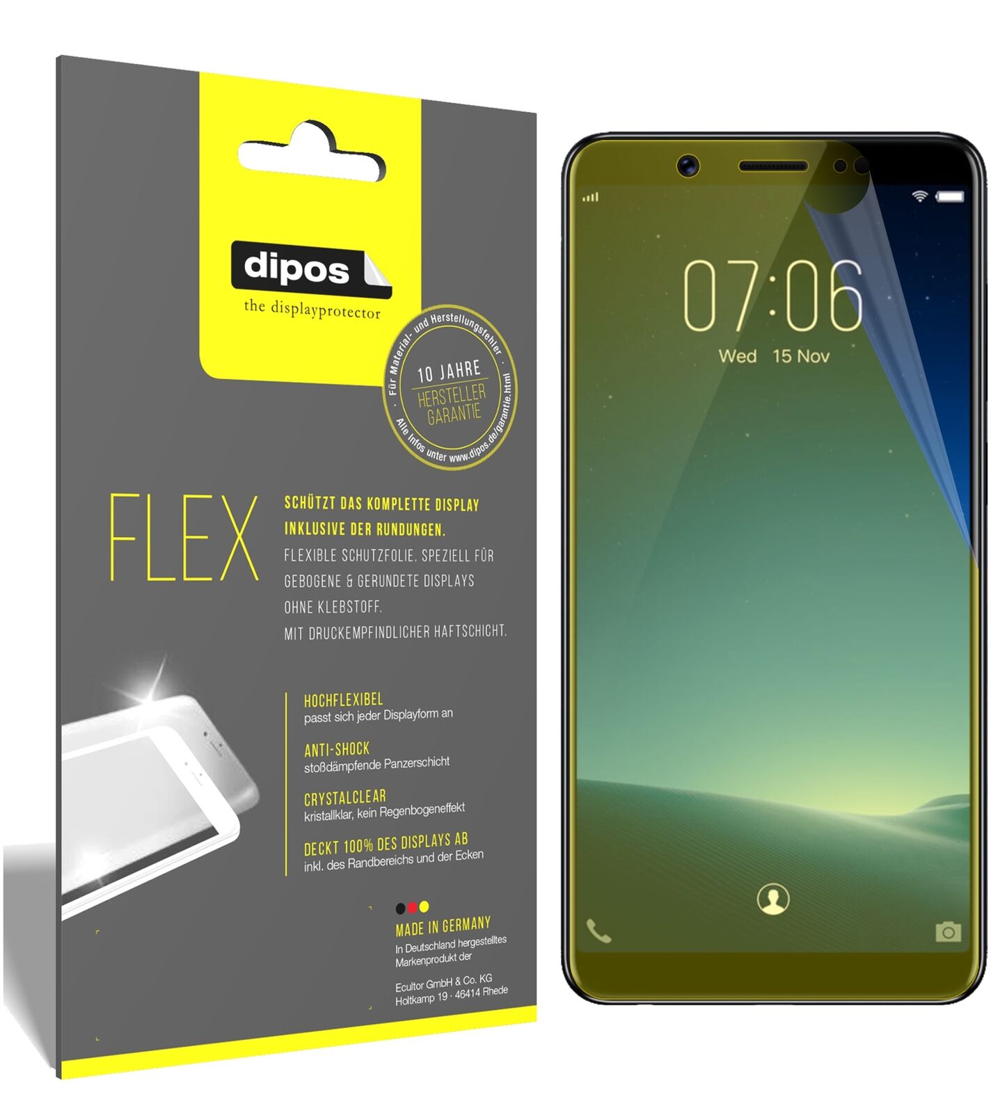 VivoV7 mit aufgebrachter dipos Displayschutzfolie, glasklare Darstellung ohne Einschränkungen
