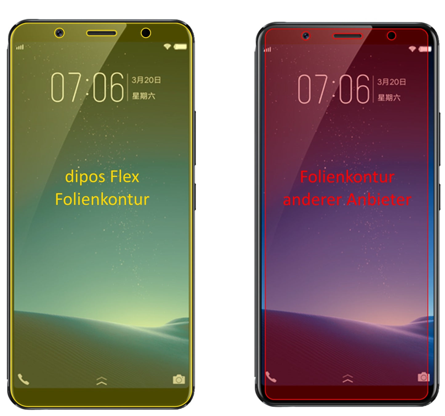 VivoX20 mit aufgebrachter dipos Displayschutzfolie, glasklare Darstellung ohne Einschränkungen