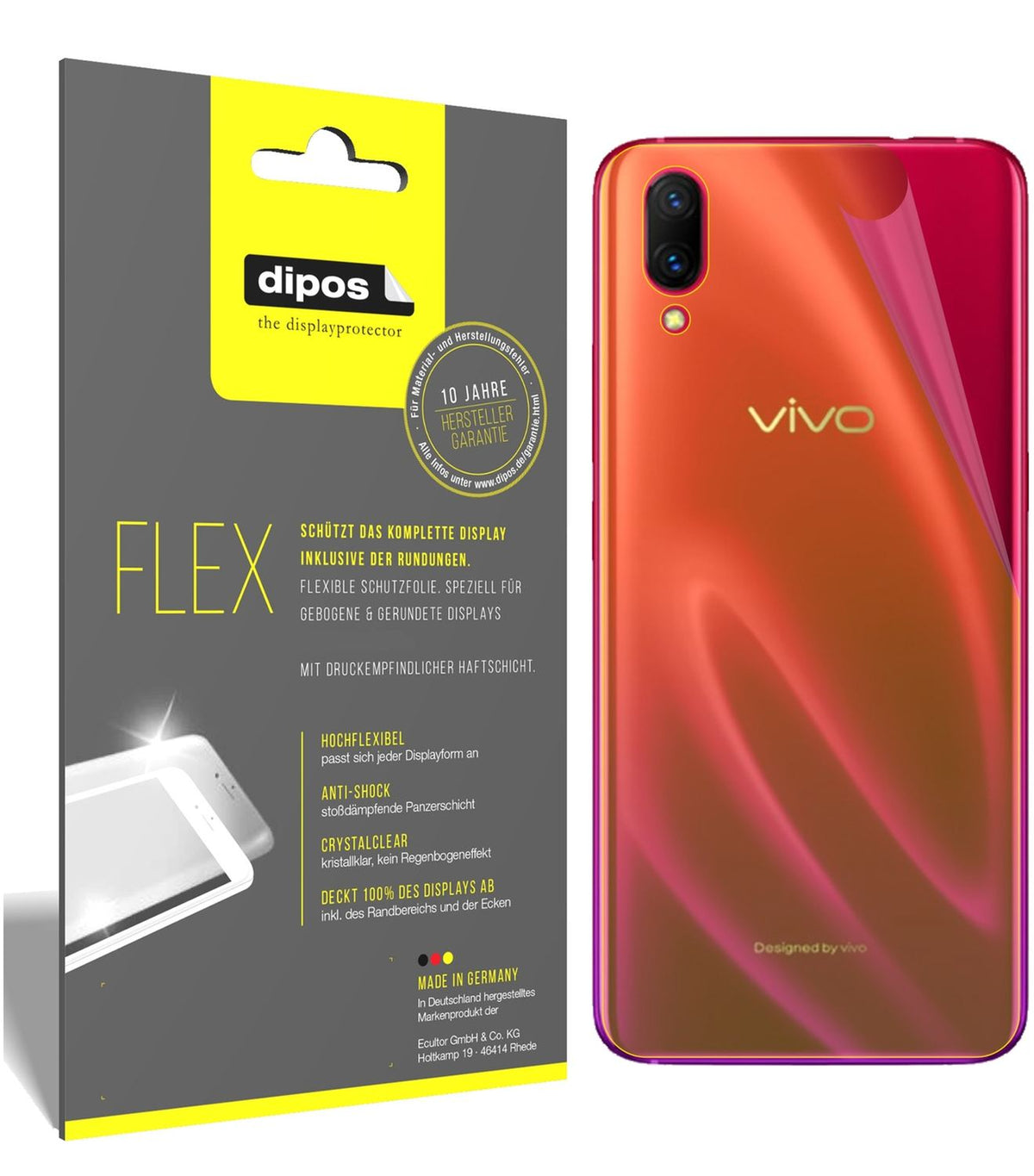 VivoX23 Symphony Rückseite mit aufgebrachter dipos Displayschutzfolie, glasklare Darstellung ohne Einschränkungen