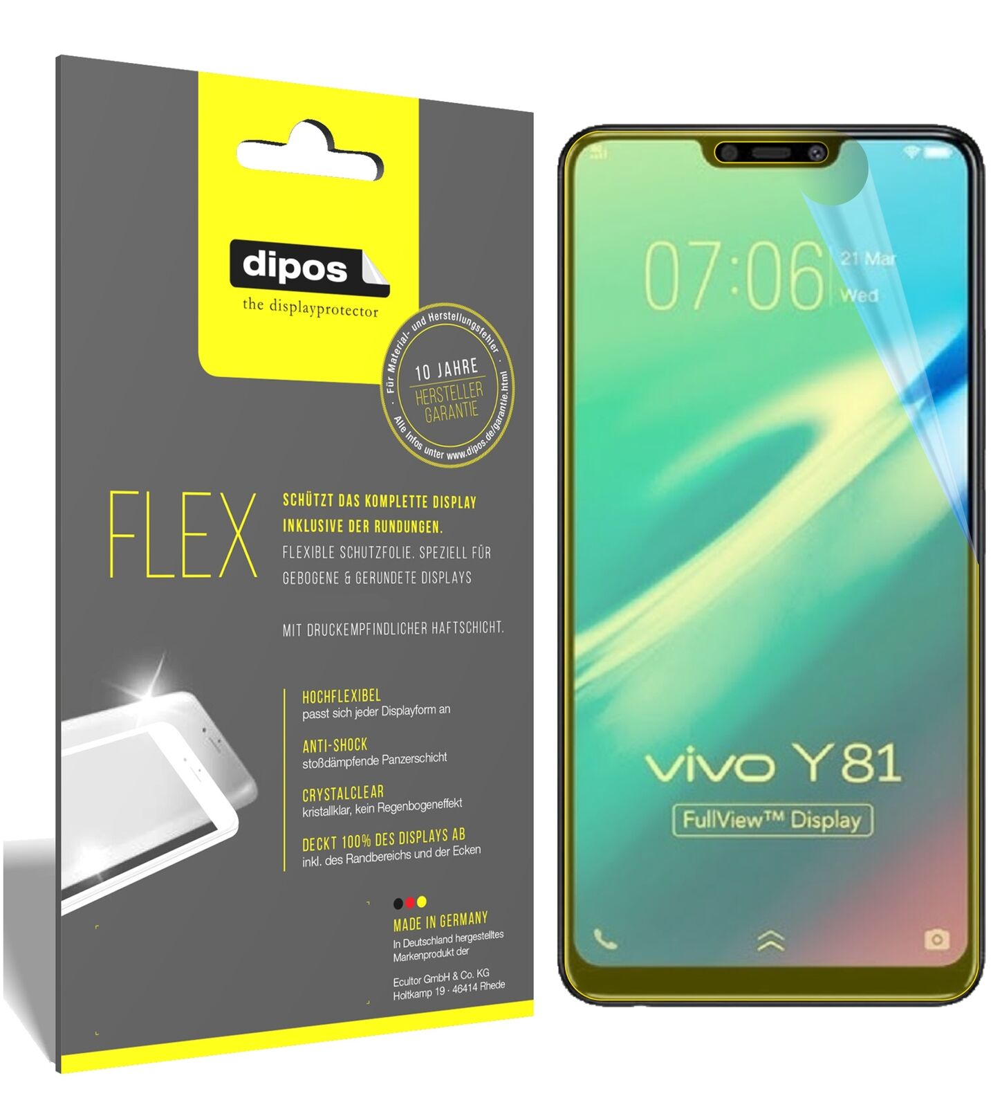 VivoY81 mit aufgebrachter dipos Displayschutzfolie, glasklare Darstellung ohne Einschränkungen