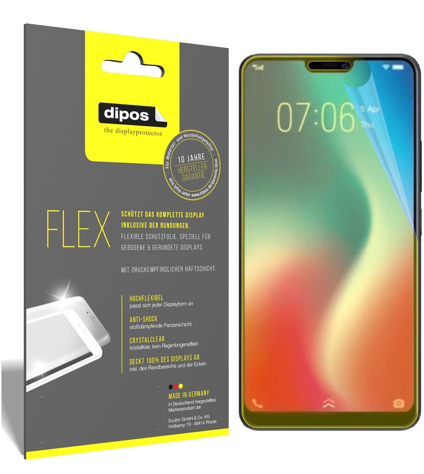 VivoY85 mit aufgebrachter dipos Displayschutzfolie, glasklare Darstellung ohne Einschränkungen