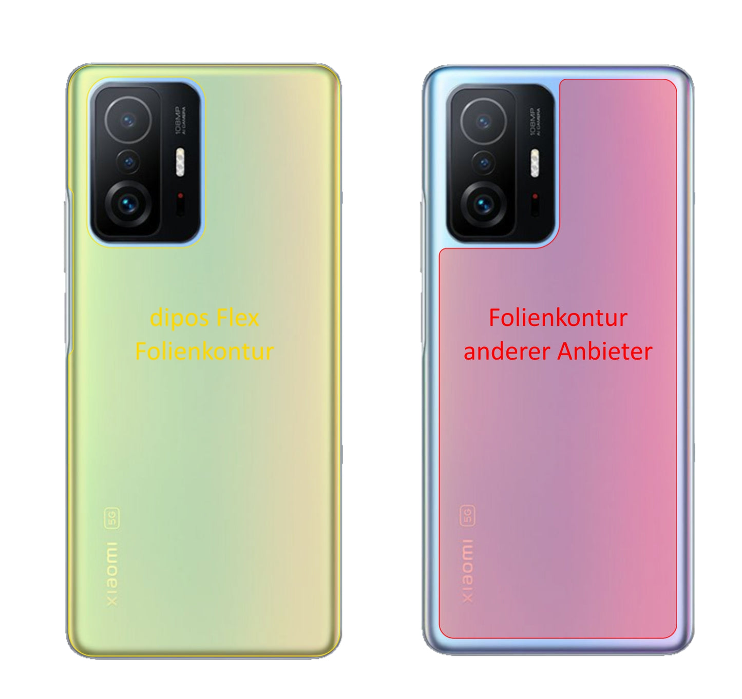 Xiaomi11T Rückseite mit aufgebrachter dipos Displayschutzfolie, glasklare Darstellung ohne Einschränkungen