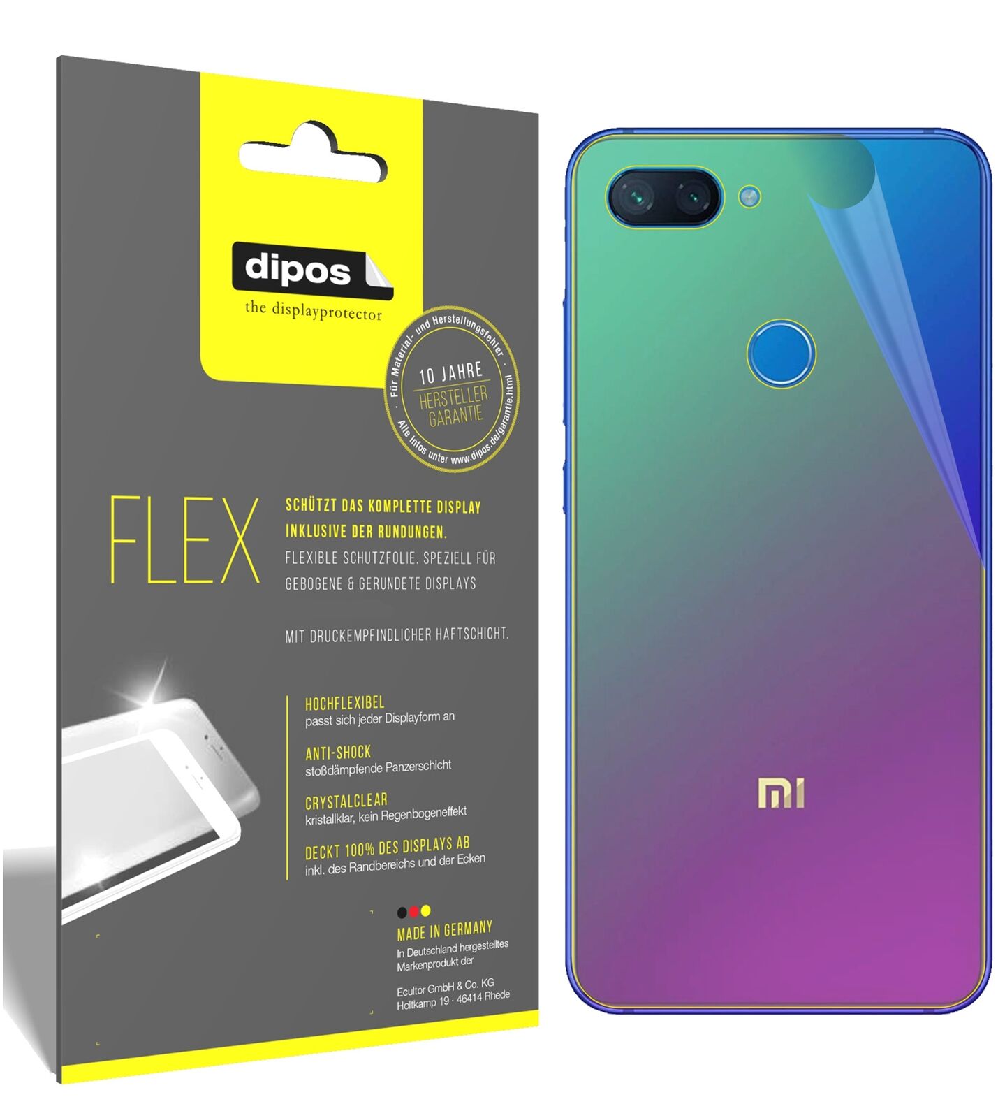 XiaomiMi 8 Lite Rückseite mit aufgebrachter dipos Displayschutzfolie, glasklare Darstellung ohne Einschränkungen