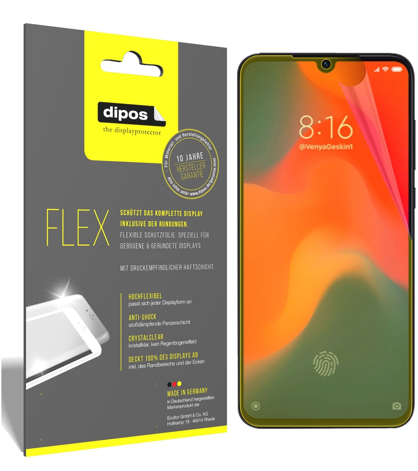 XiaomiMi 9 mit aufgebrachter dipos Displayschutzfolie, glasklare Darstellung ohne Einschränkungen