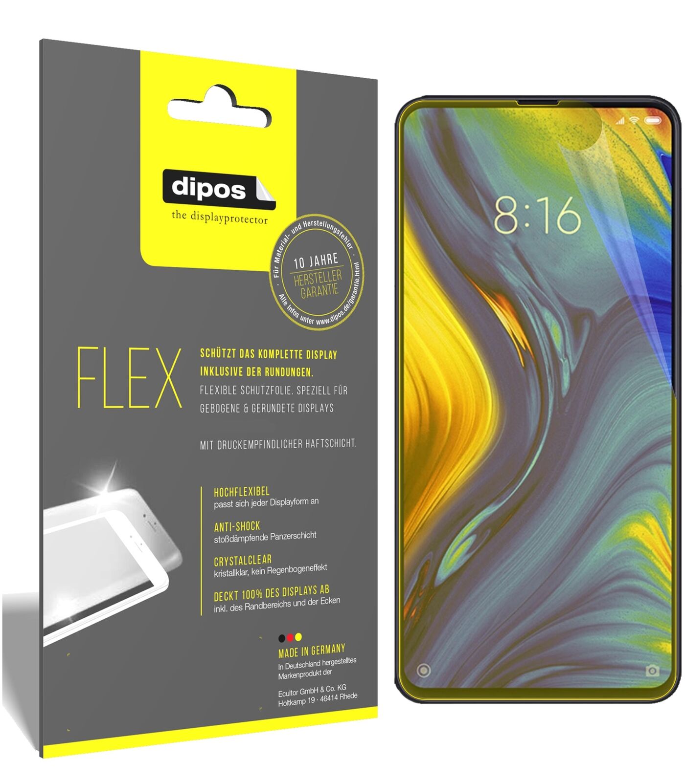 XiaomiMi Mix 3 mit aufgebrachter dipos Displayschutzfolie, glasklare Darstellung ohne Einschränkungen