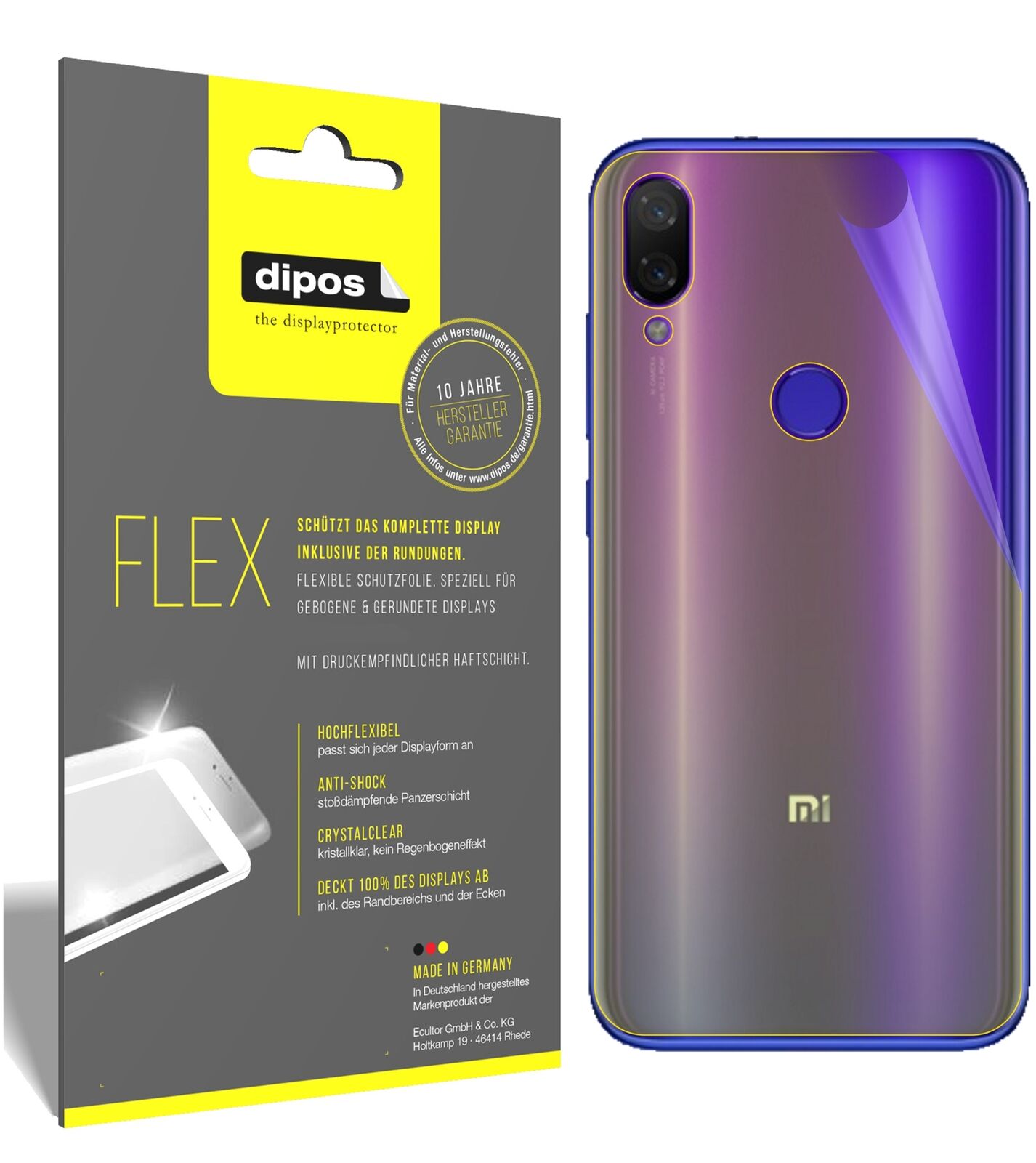 XiaomiMi Play Rückseite mit aufgebrachter dipos Displayschutzfolie, glasklare Darstellung ohne Einschränkungen