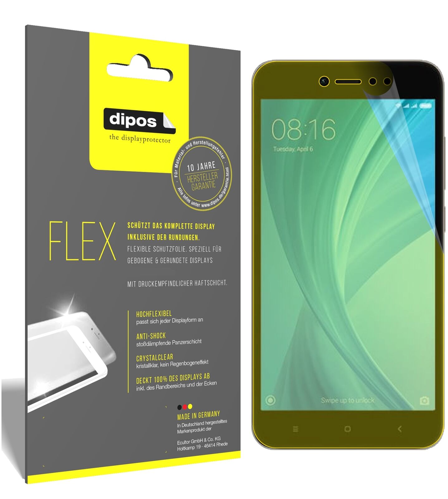 XiaomiNote 5A Prime mit aufgebrachter dipos Displayschutzfolie, glasklare Darstellung ohne Einschränkungen