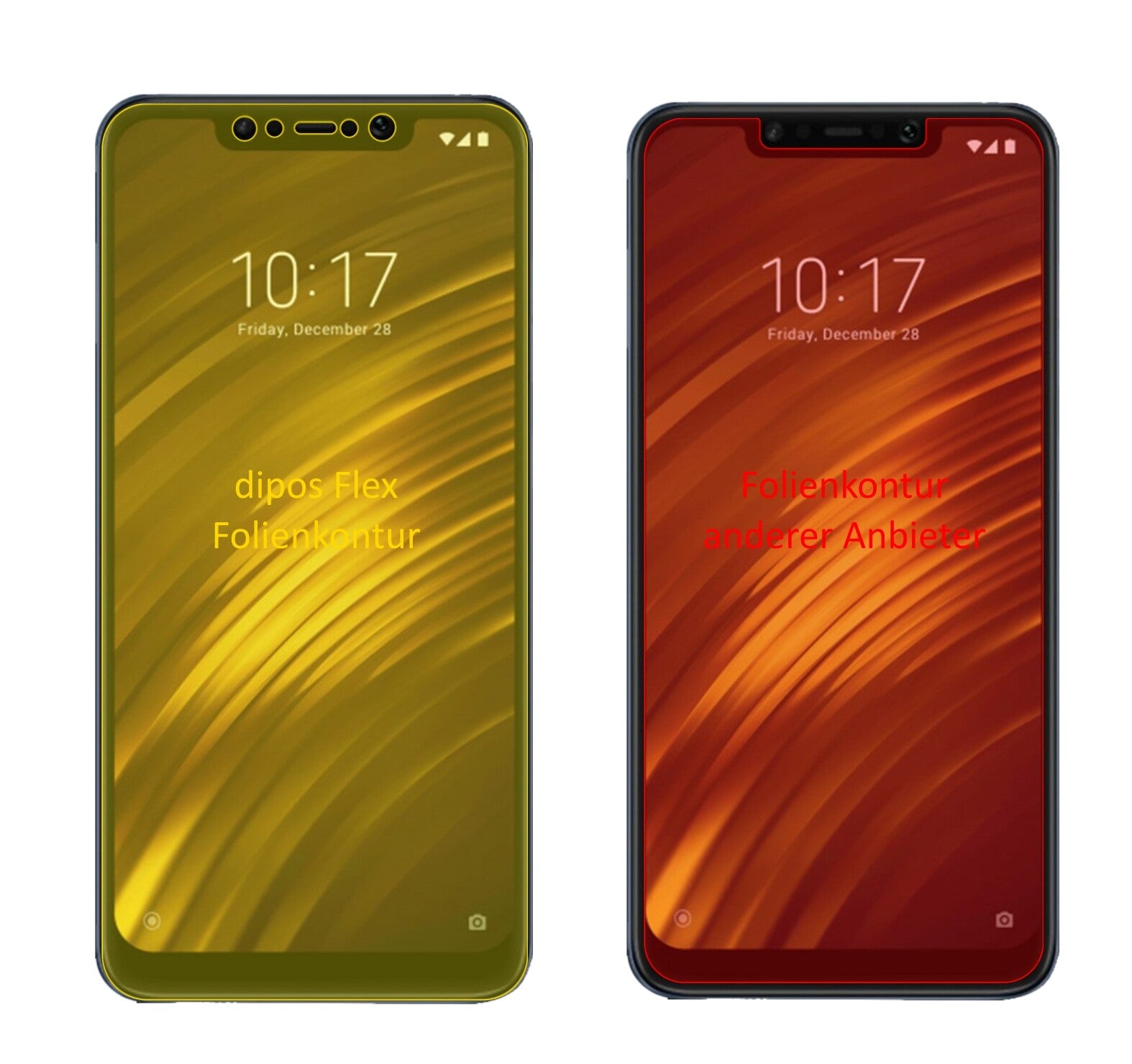 XiaomiPocophone F1 mit aufgebrachter dipos Displayschutzfolie, glasklare Darstellung ohne Einschränkungen