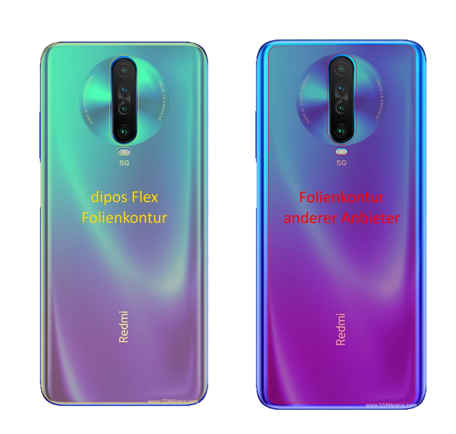 PocoF2 Pro Rückseite mit aufgebrachter dipos Displayschutzfolie, glasklare Darstellung ohne Einschränkungen