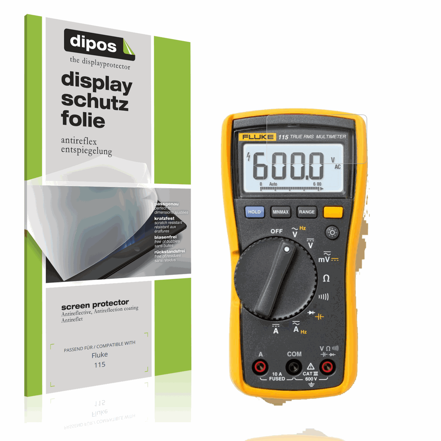 Matte Displayschutzfolie von dipos passend für Fluke 115, präziser Zuschnitt und blasenfrei montiert