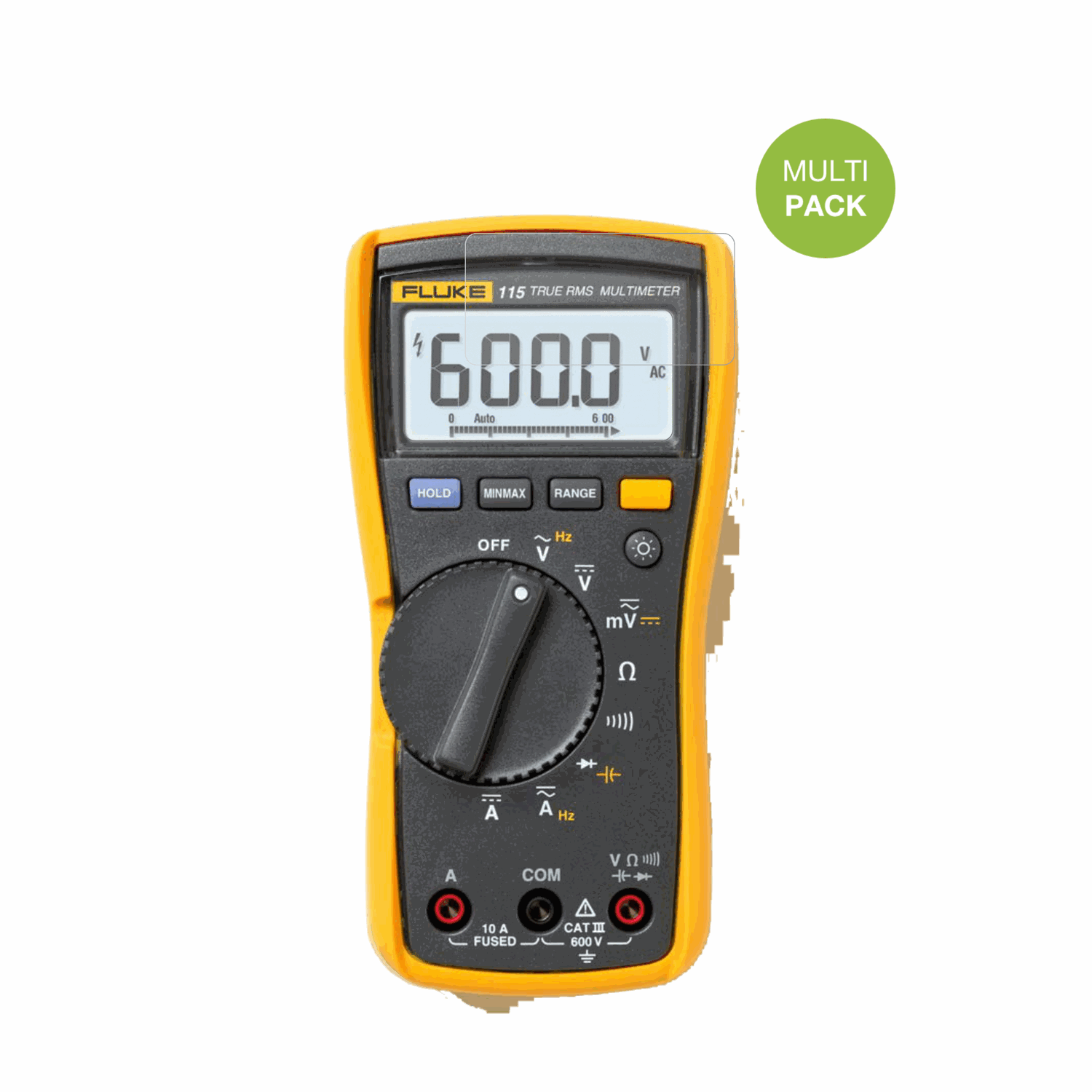 Fluke115 mit aufgebrachter dipos Displayschutzfolie, die lästige Fingerabdrücke minimiert