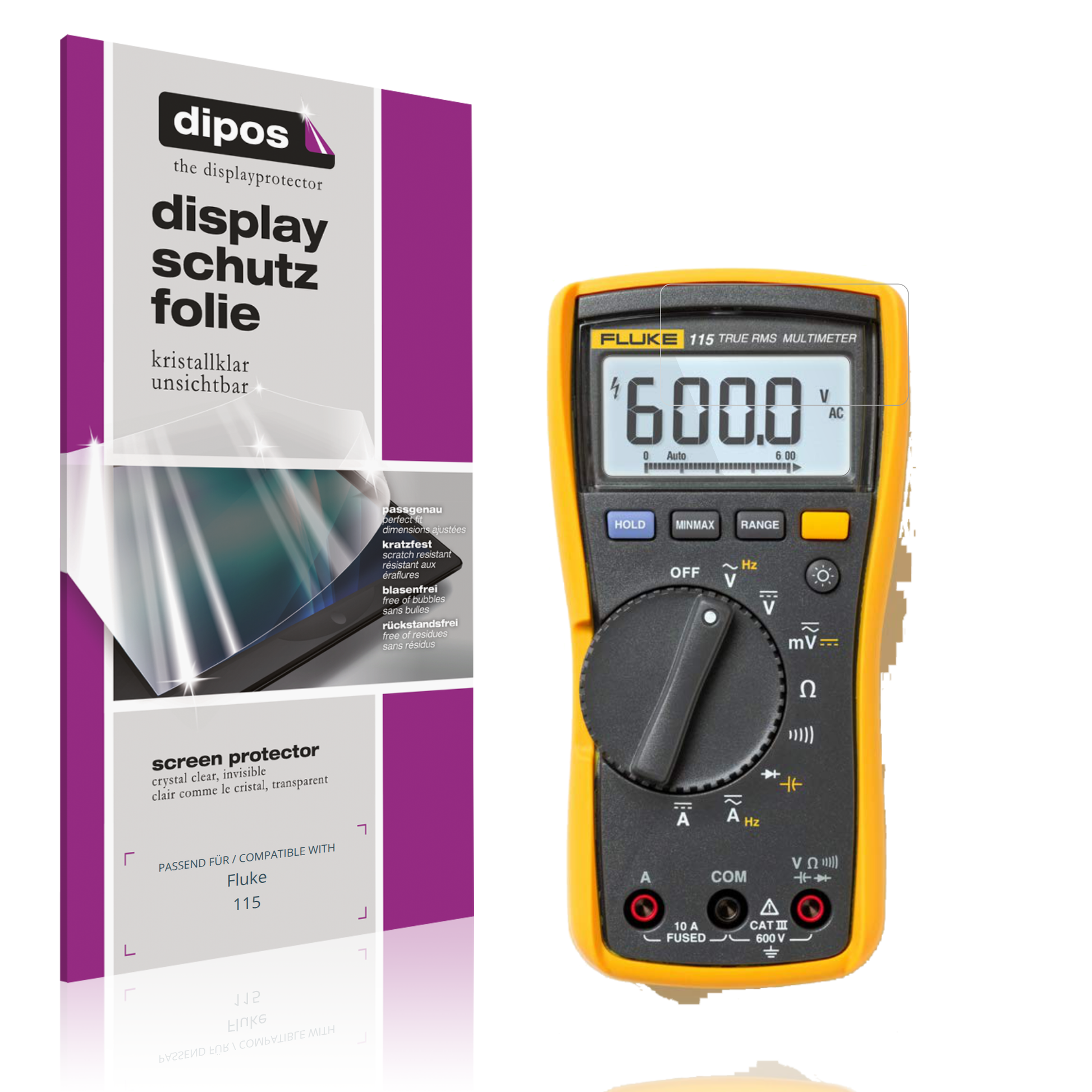 Klare Displayschutzfolie von dipos passend für Fluke 115, präziser Zuschnitt und blasenfrei montiert