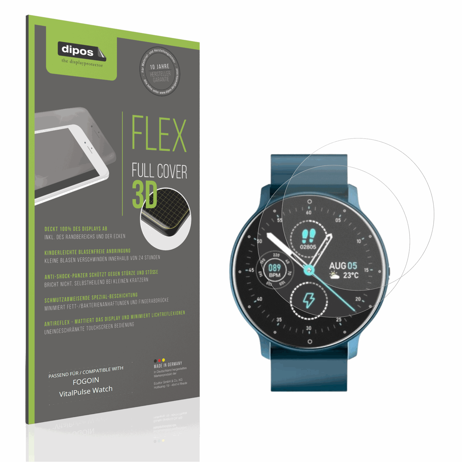 Matte Displayschutzfolie von dipos passend für FOGOIN VitalPulse Watch, 100% Displayabdeckung und blasenfreie Montage