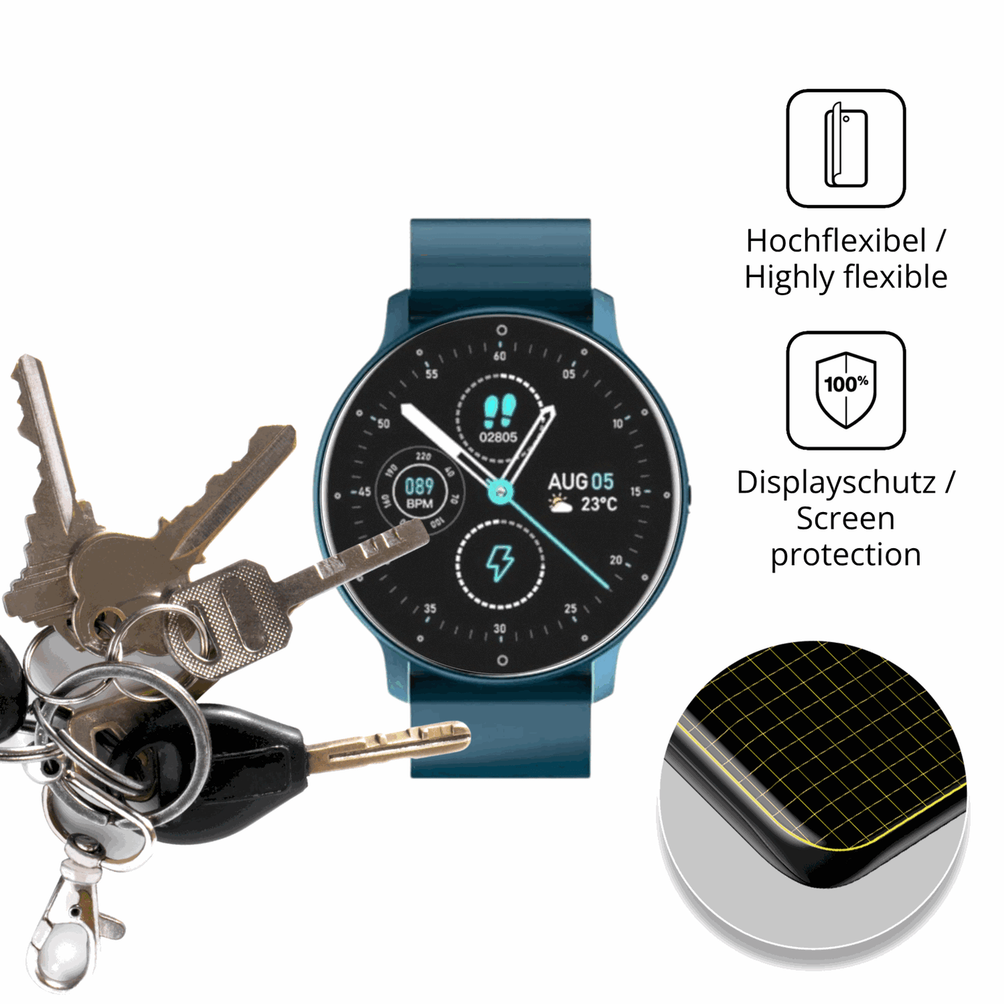 dipos Displayschutz für FOGOIN VitalPulse Watch, transparente Oberfläche, perfekte Passform auch für die Rundungen