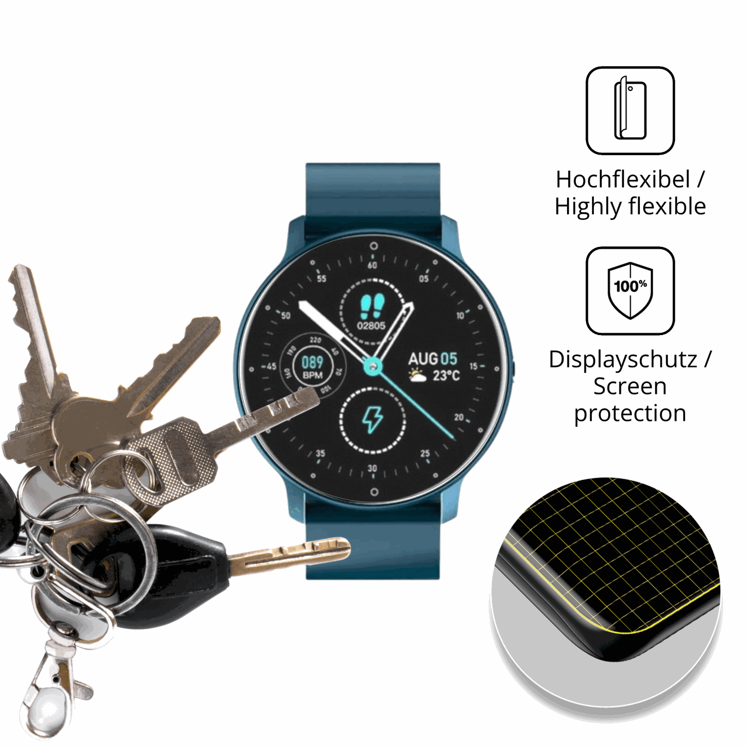 dipos Displayschutz für FOGOIN VitalPulse Watch, transparente Oberfläche, perfekte Passform auch für die Rundungen