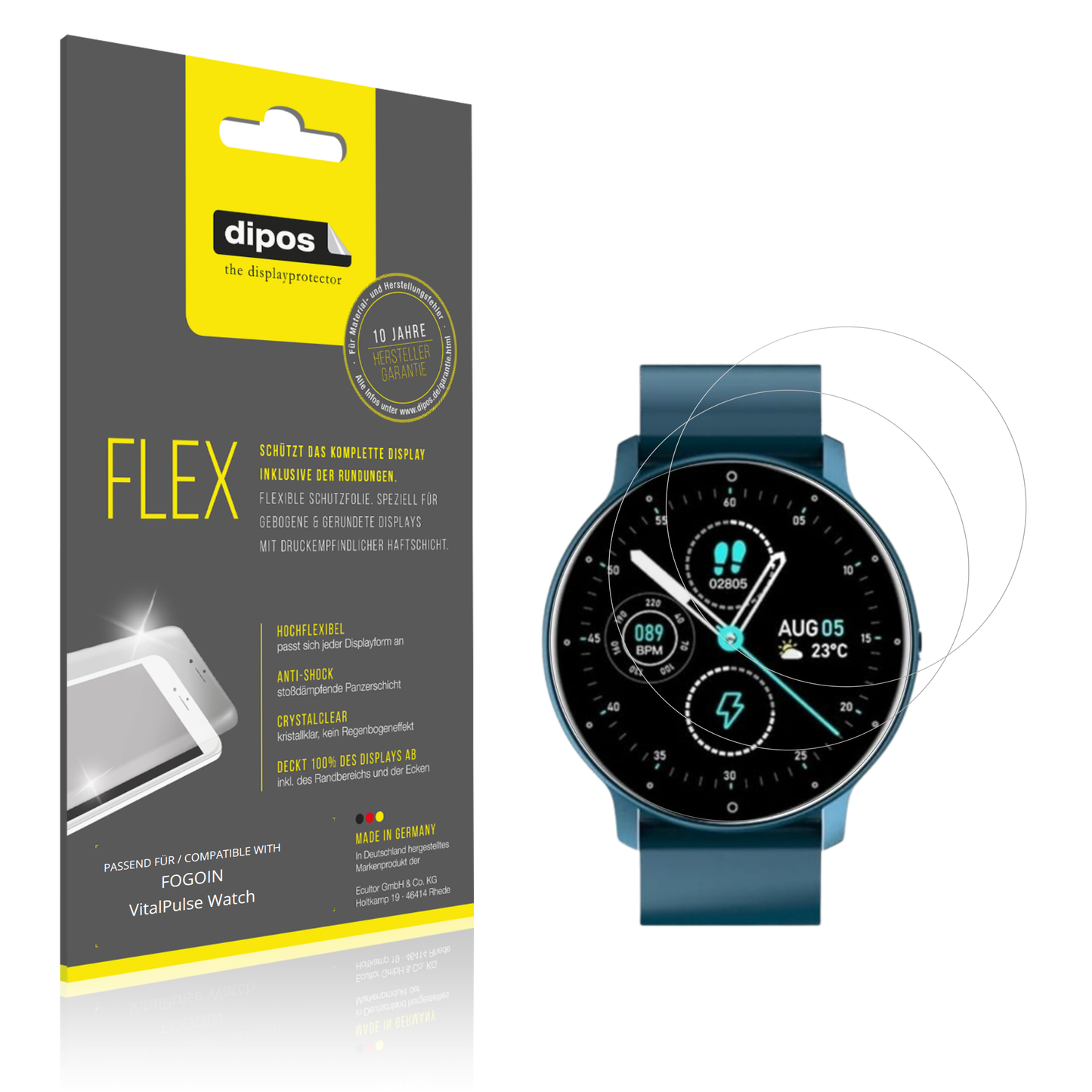 Klare Displayschutzfolie von dipos passend für FOGOIN VitalPulse Watch, 100% Displayabdeckung und blasenfreie Montage