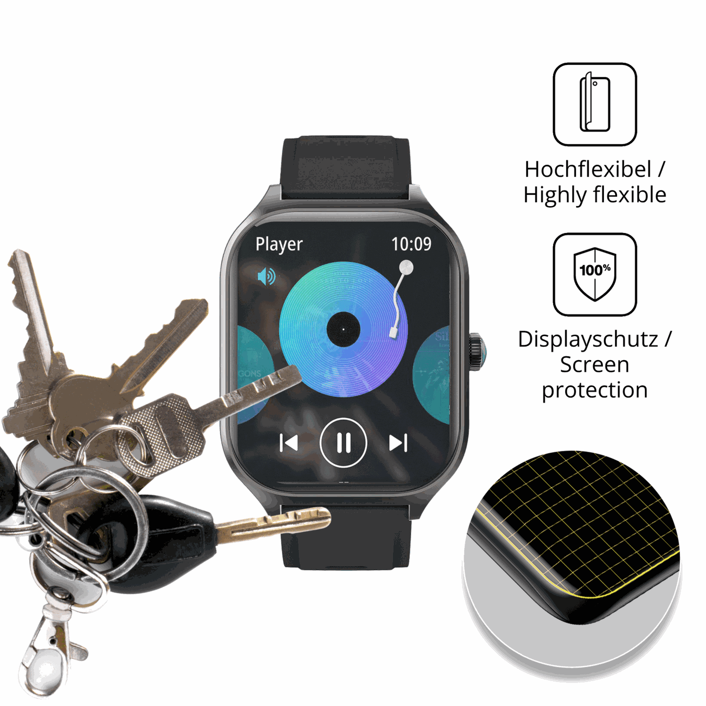 dipos Displayschutz für FORRLITE Smartwatch 2.01 Zoll, transparente Oberfläche, perfekte Passform auch für die Rundungen
