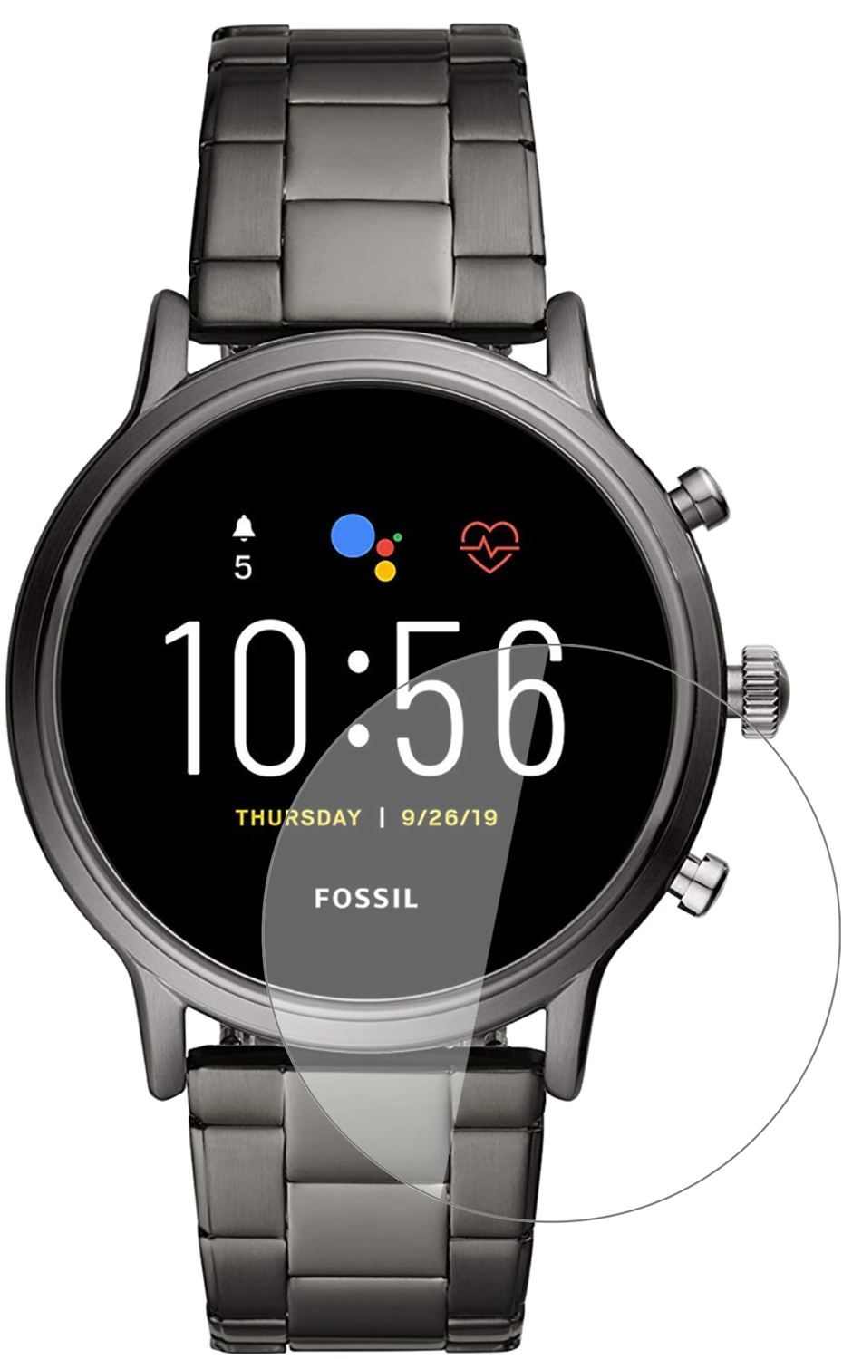 FossilGen 5 Smartwatch mit aufgebrachter dipos Flex Schutzfolie, glasklare Darstellung ohne Einschränkungen