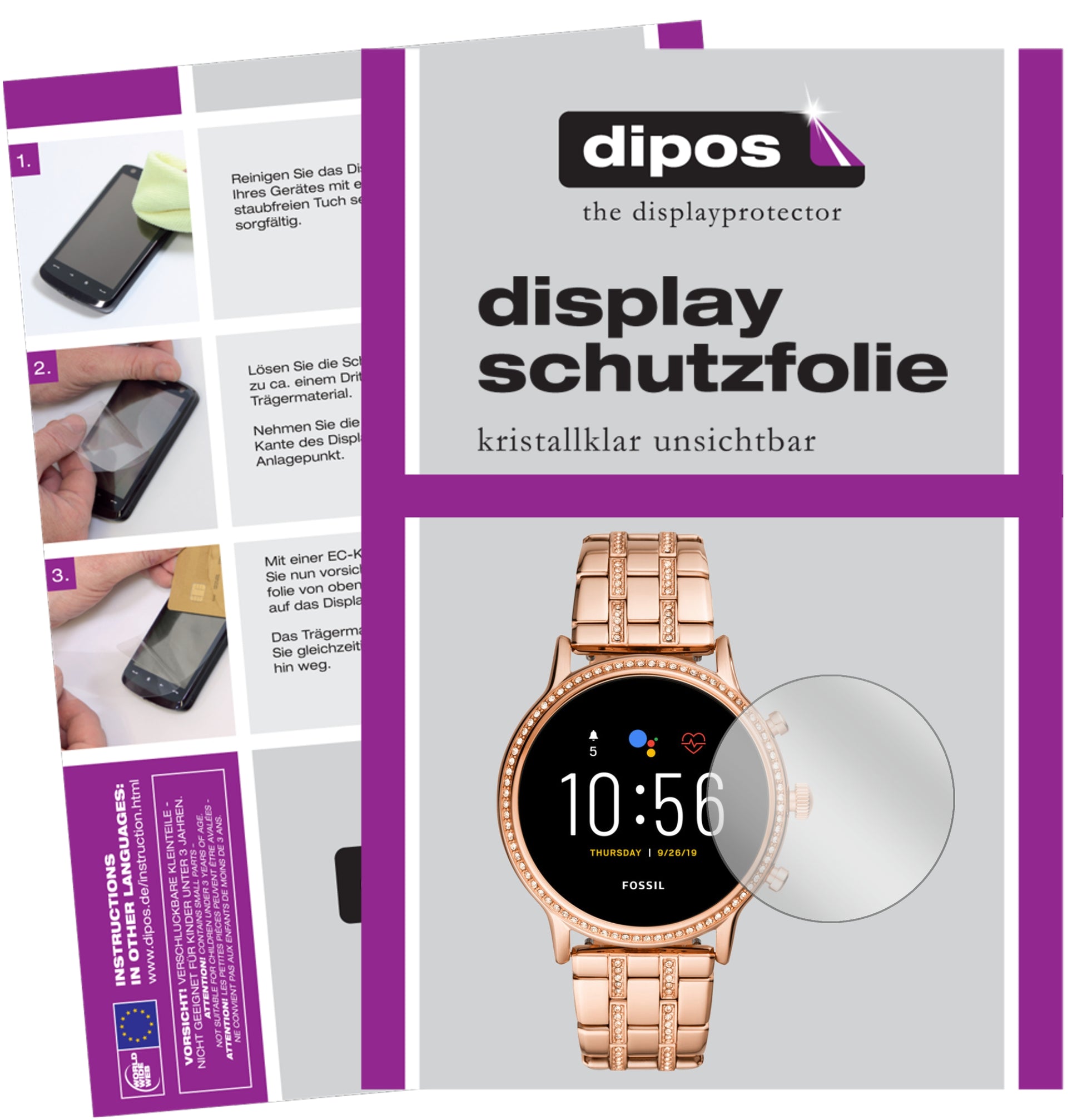 Klare Displayschutzfolie von dipos passend für Fossil Julianna HR (5. Gen.), präziser Zuschnitt und blasenfrei montiert