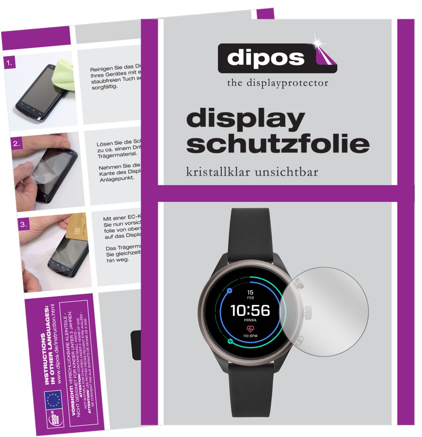 Klare Displayschutzfolie von dipos passend für Fossil Sport Smartwatch, präziser Zuschnitt und blasenfrei montiert