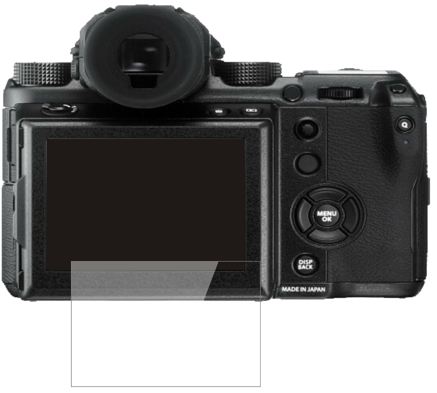 FujifilmGFX 50S II mit aufgebrachter dipos Flex Schutzfolie, glasklare Darstellung ohne Einschränkungen