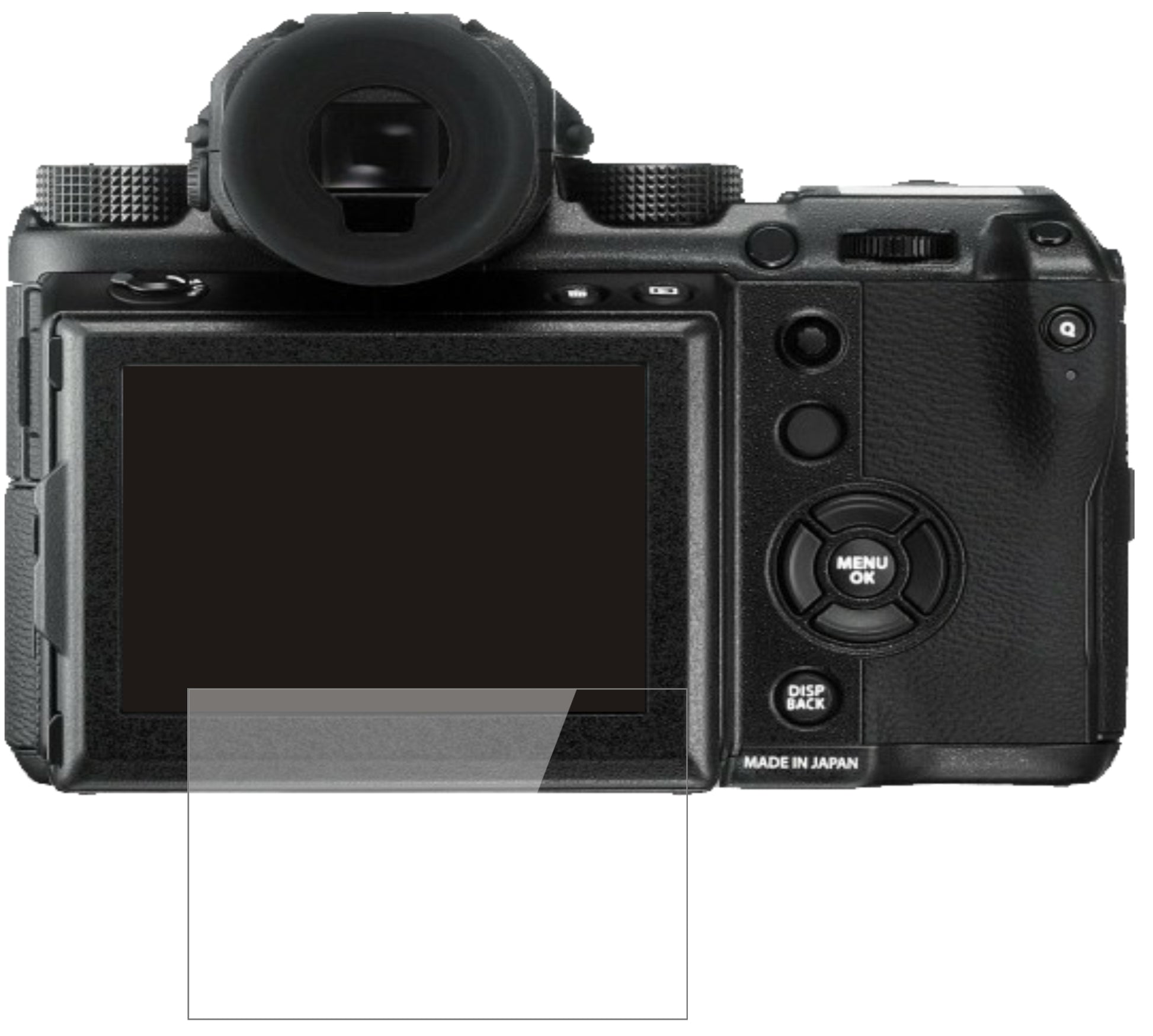 FujifilmGFX 50S II mit aufgebrachter dipos Flex Schutzfolie, glasklare Darstellung ohne Einschränkungen