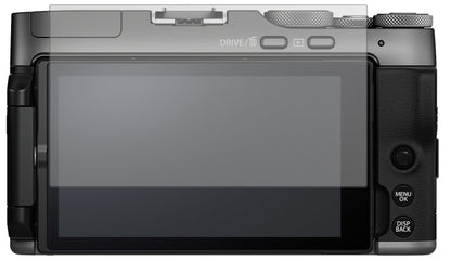 FujifilmX-A7 mit aufgebrachter dipos Displayschutzfolie, die lästige Fingerabdrücke minimiert