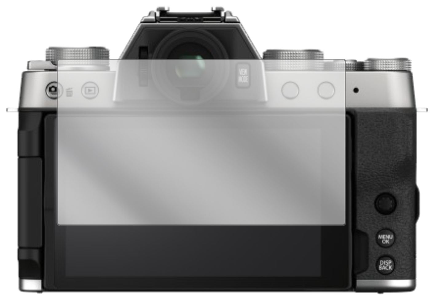 FujifilmX-T200 mit aufgebrachter dipos Displayschutzfolie, glasklare Darstellung ohne Einschränkungen