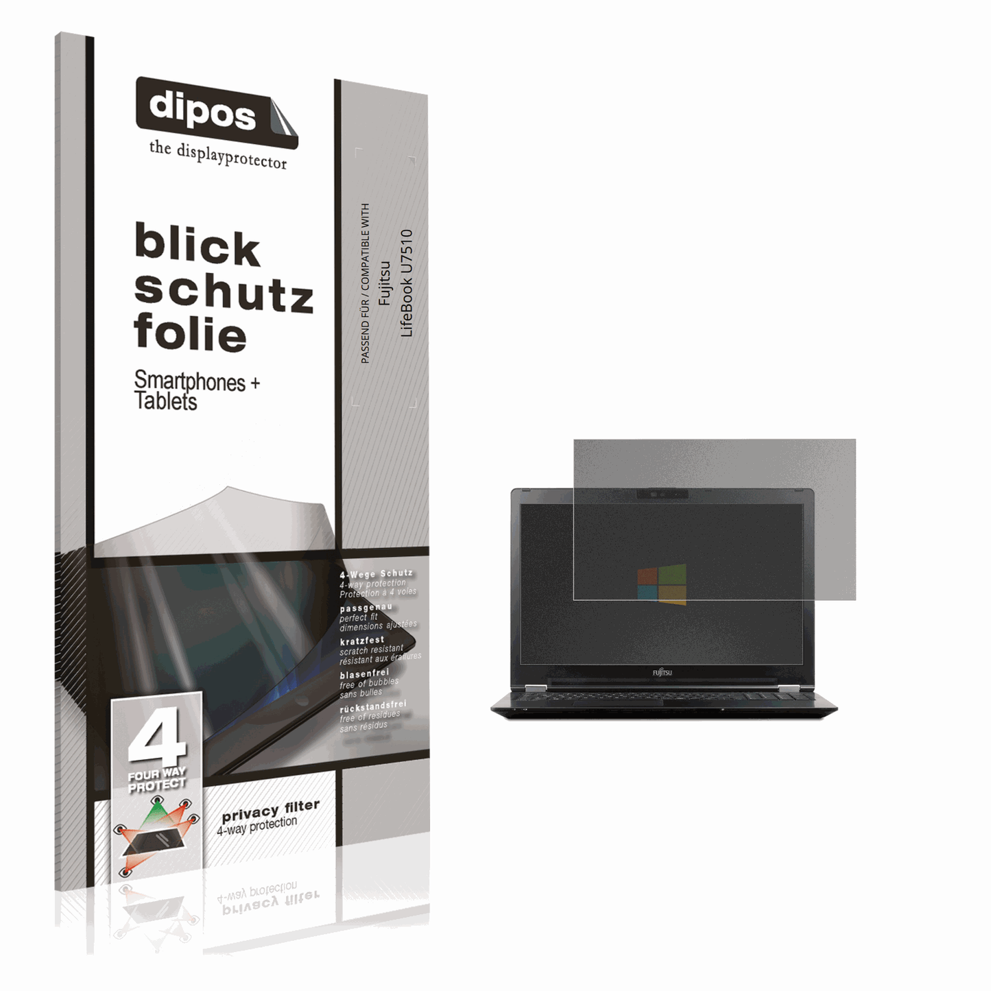 Blickschutzfolie von dipos passend für Fujitsu LifeBook U7510, präziser Zuschnitt und blasenfrei montiert