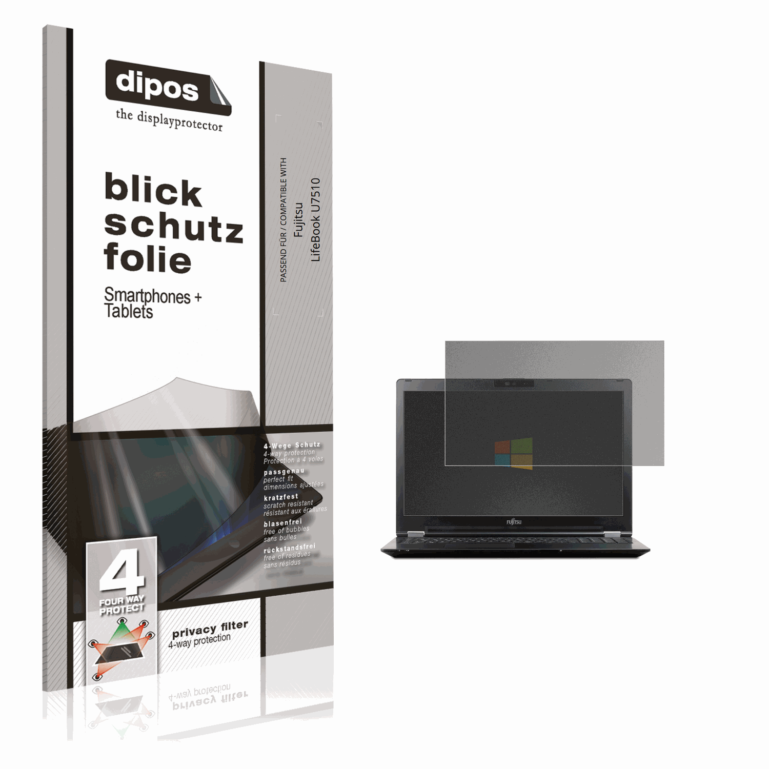 Blickschutzfolie von dipos passend für Fujitsu LifeBook U7510, präziser Zuschnitt und blasenfrei montiert