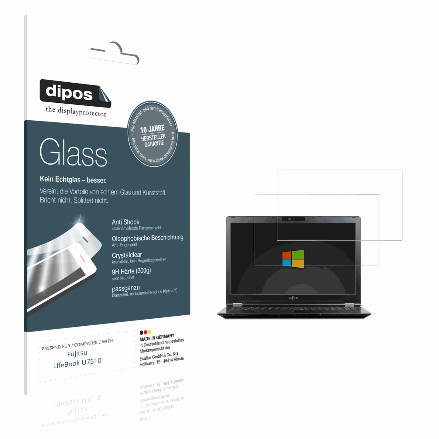 Klare Displayschutzfolie von dipos passend für Fujitsu LifeBook U7510, 9H kratzfest und blasenfrei montiert