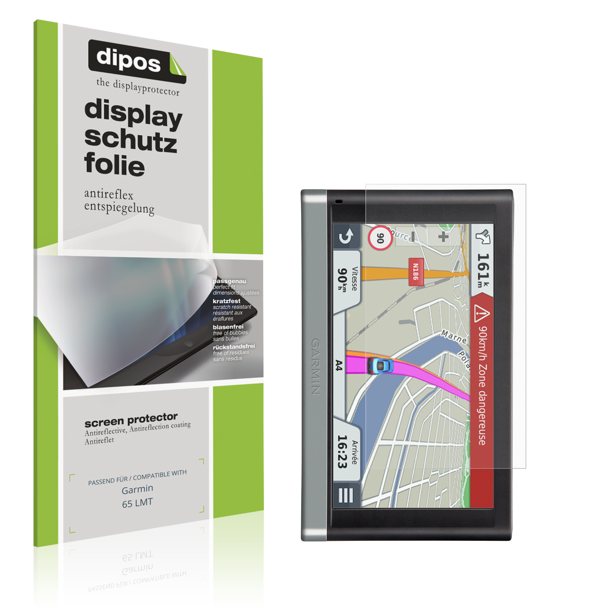 Matte Displayschutzfolie von dipos passend für Garmin 65 LMT, präziser Zuschnitt und blasenfrei montiert