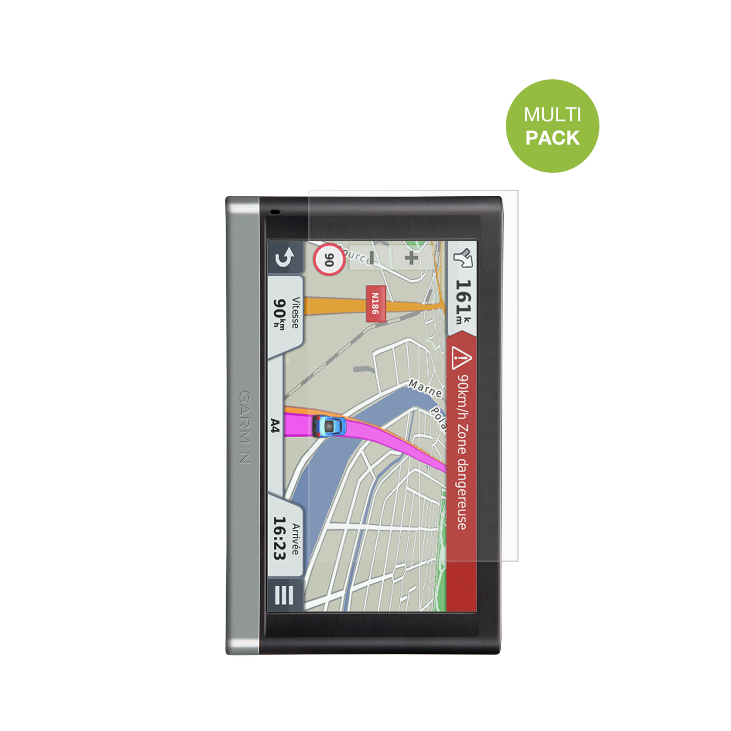 Garmin65 LMT mit aufgebrachter dipos Displayschutzfolie, die lästige Fingerabdrücke minimiert