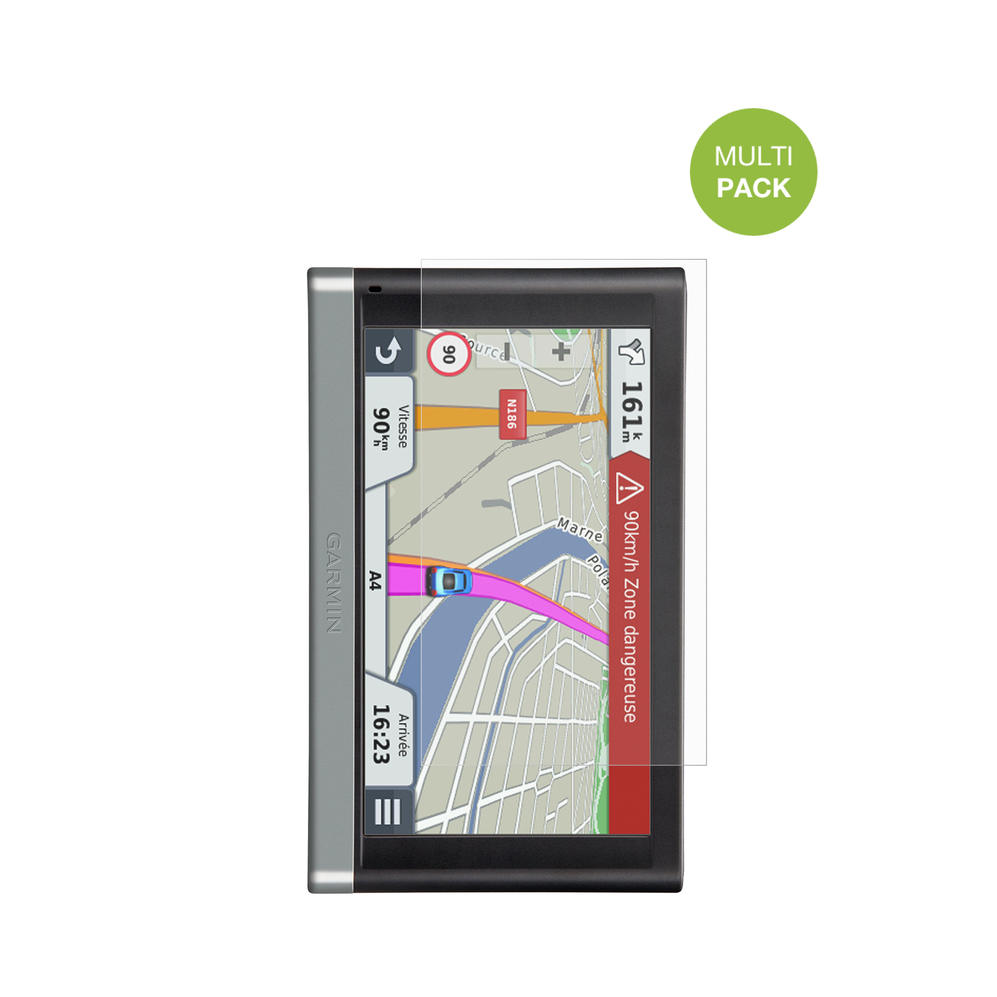 Garmin65 LMT mit aufgebrachter dipos Displayschutzfolie, die lästige Fingerabdrücke minimiert