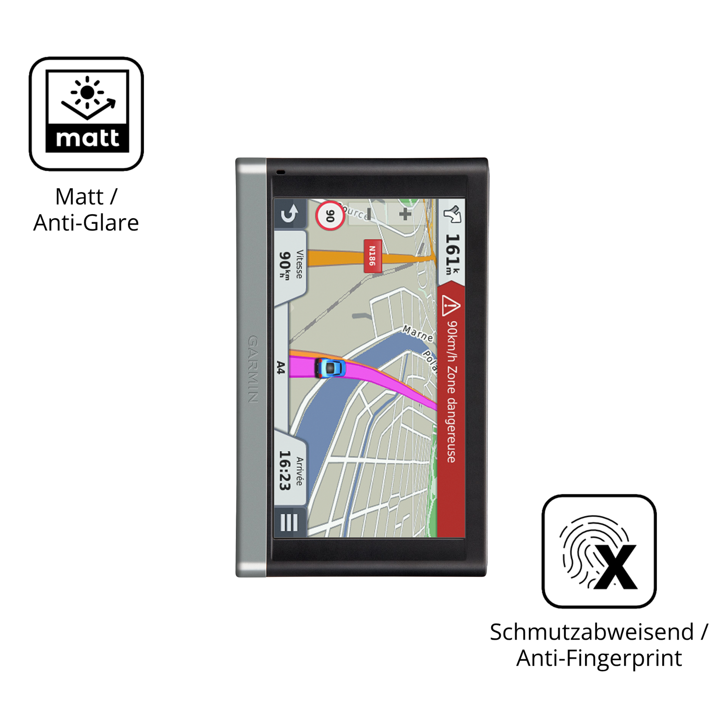 Dünne und entspiegelnde Folie passend zugeschnitten für Garmin 65 LMT