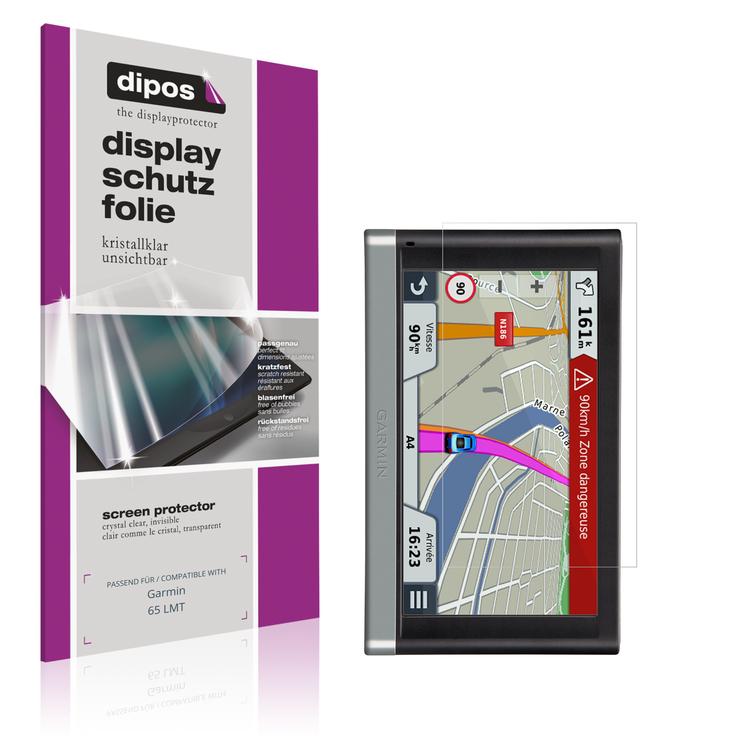 Klare Displayschutzfolie von dipos passend für Garmin 65 LMT, präziser Zuschnitt und blasenfrei montiert