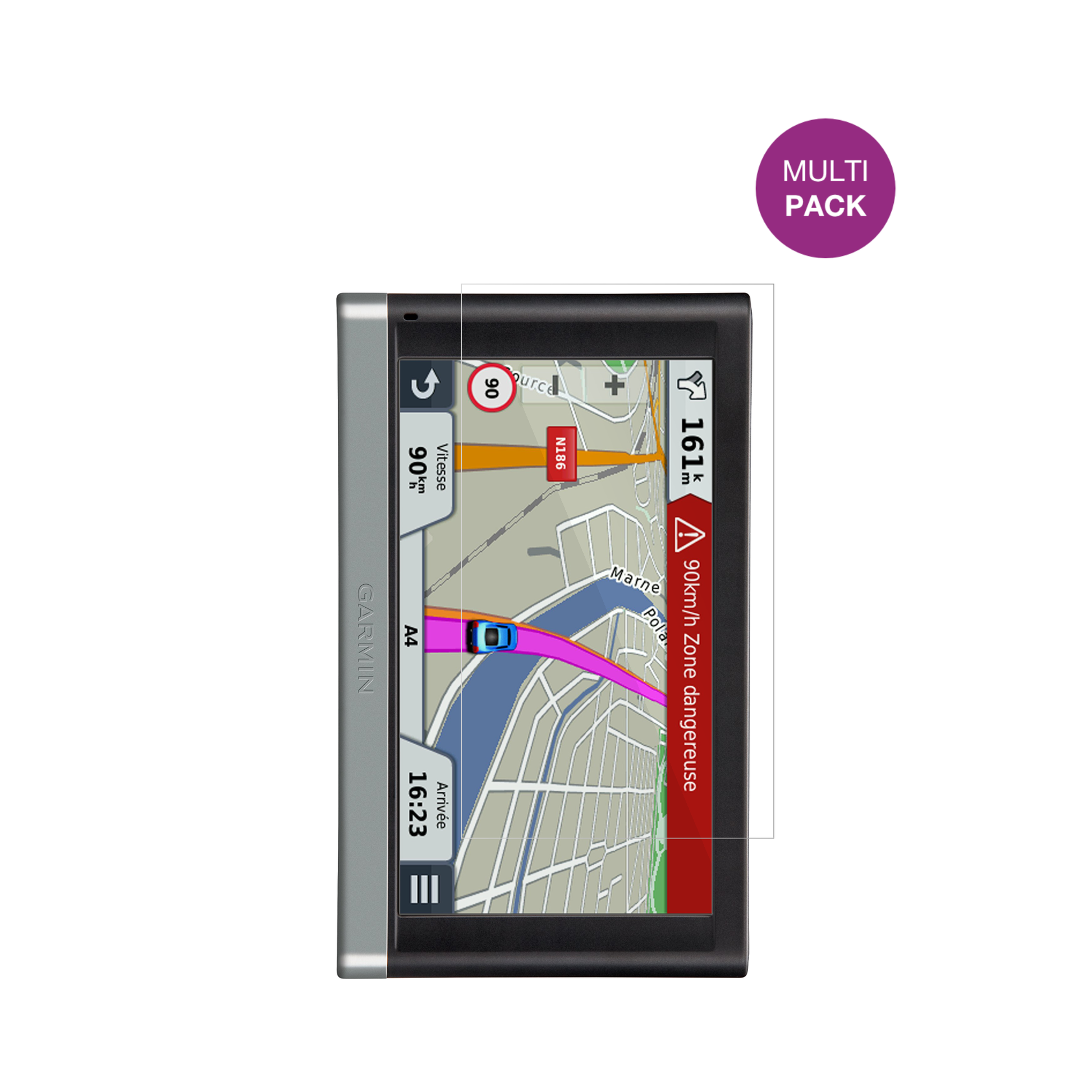 Garmin65 LMT mit aufgebrachter dipos Displayschutzfolie, glasklare Darstellung ohne Einschränkungen