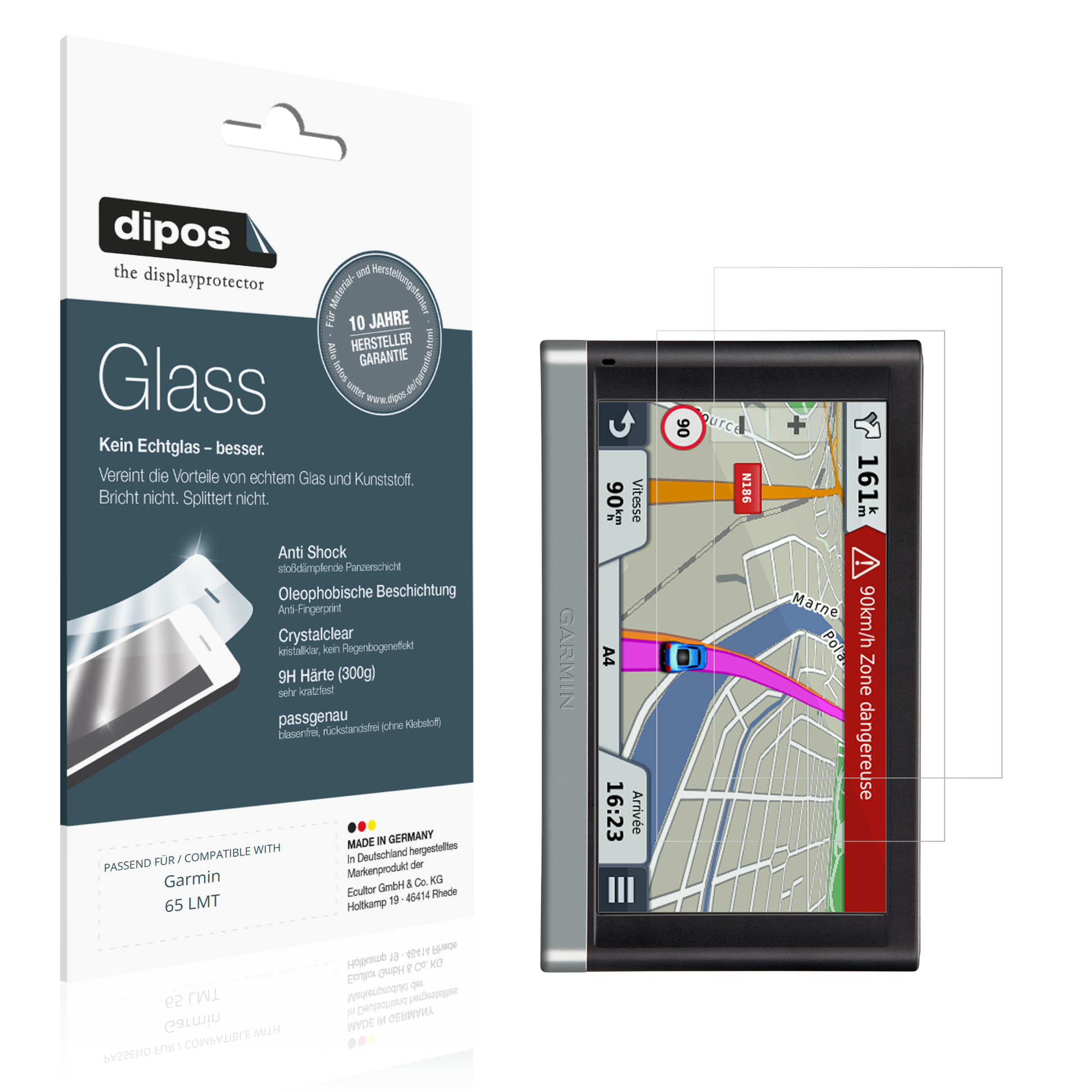 Klare Displayschutzfolie von dipos passend für Garmin 65 LMT, 9H kratzfest und blasenfrei montiert