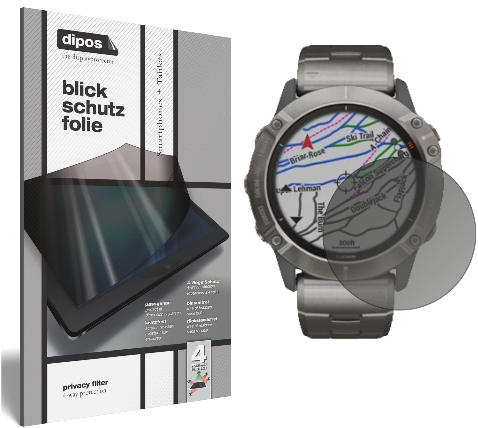 Blickschutzfolie von dipos passend für Garmin fenix 6X Solar, präziser Zuschnitt und blasenfrei montiert