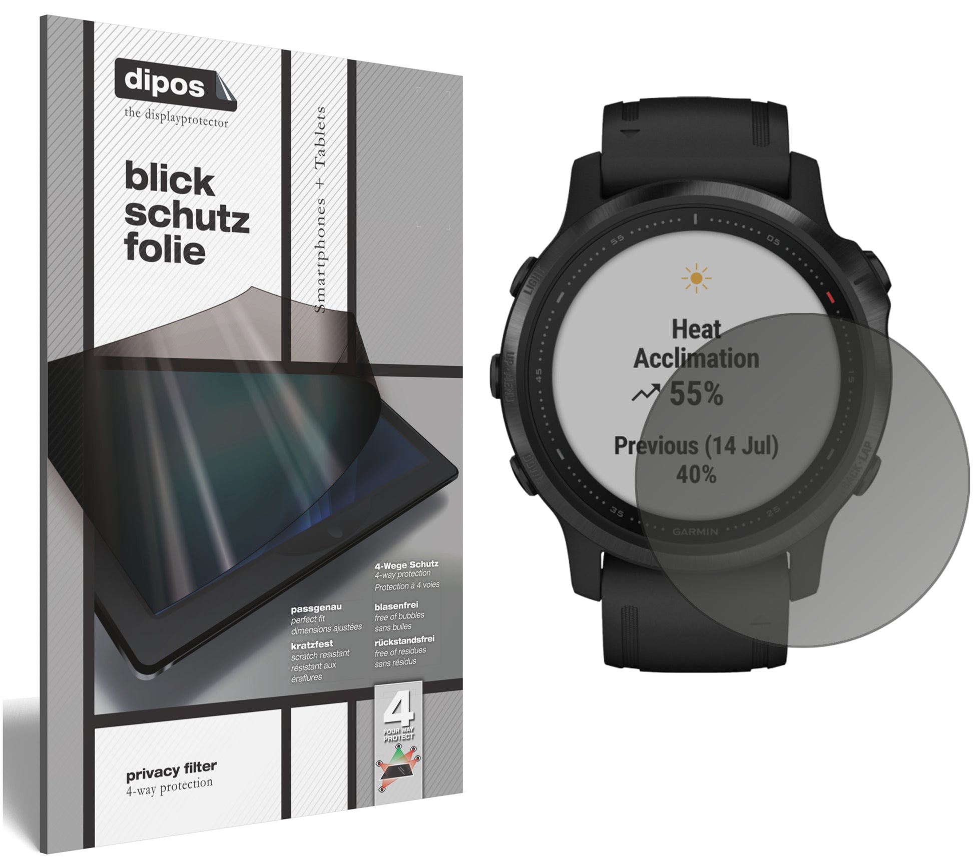Blickschutzfolie von dipos passend für Garmin fenix 6S Pro, präziser Zuschnitt und blasenfrei montiert