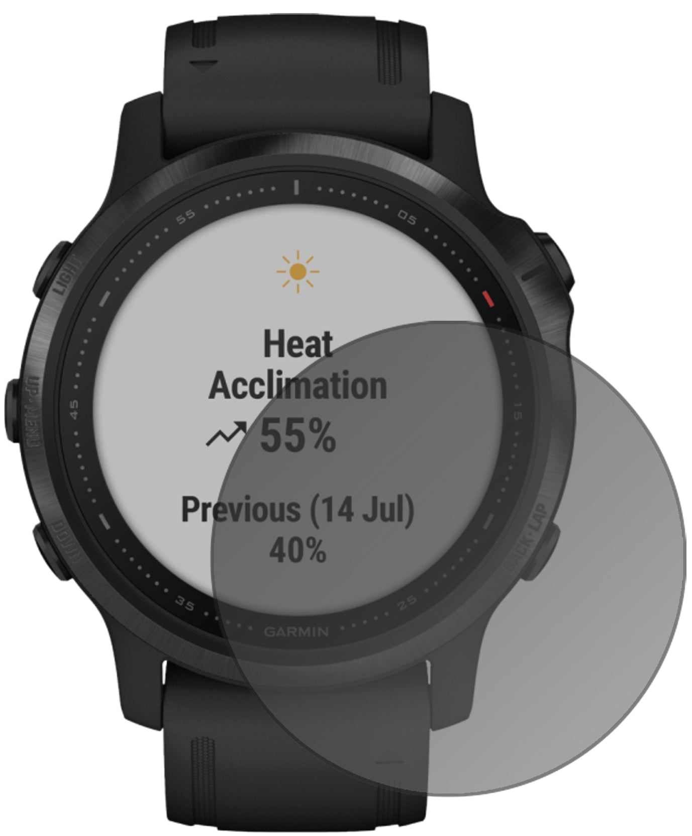 Garminfenix 6S Pro mit aufgebrachtem dipos Displayschutz, der seitliche Einblicke blockiert