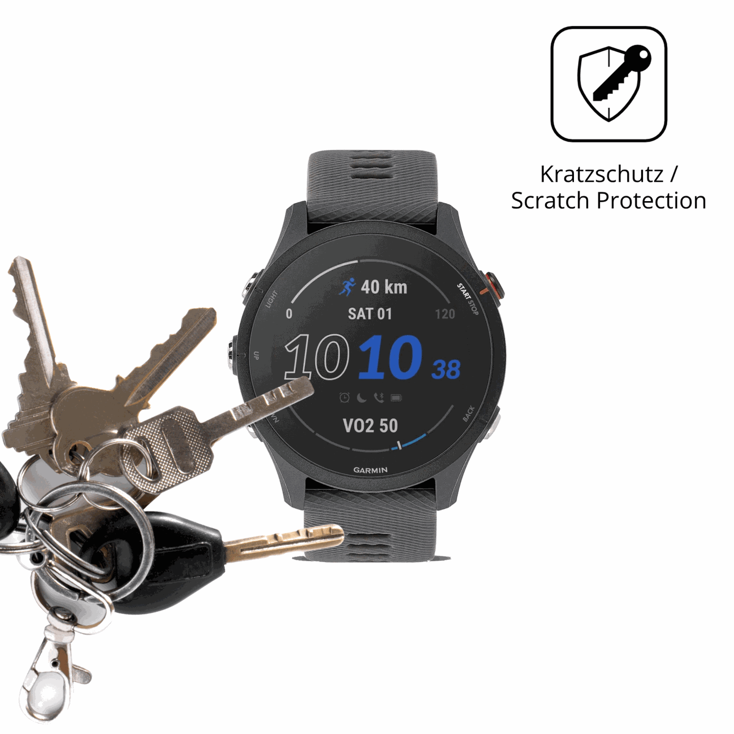 Schutz gegen Kratzer auf dem Garmin Forerunner 255 Glas durch Schlüssel oder Ähnliches