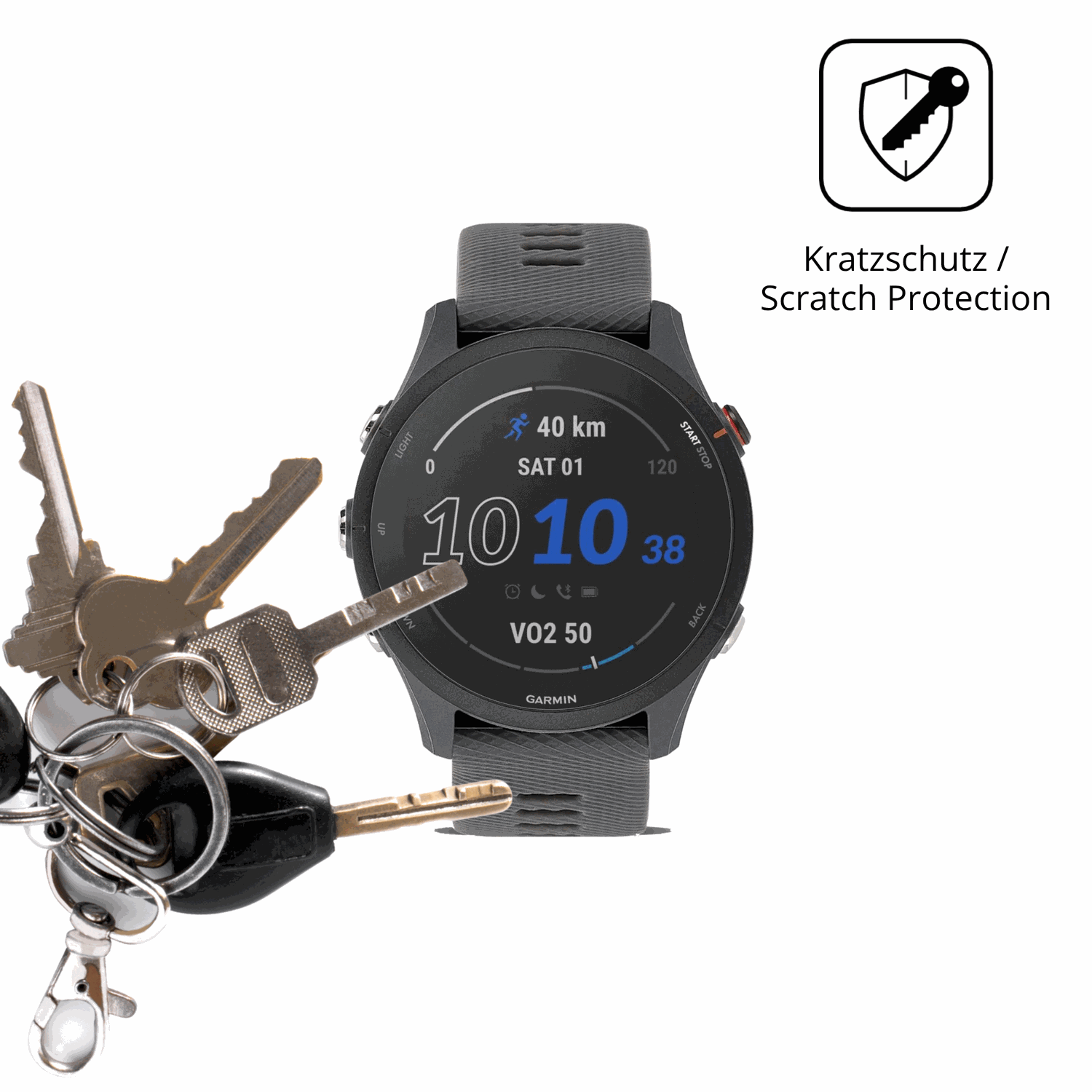Schutz gegen Kratzer auf dem Garmin Forerunner 255 Glas durch Schlüssel oder Ähnliches