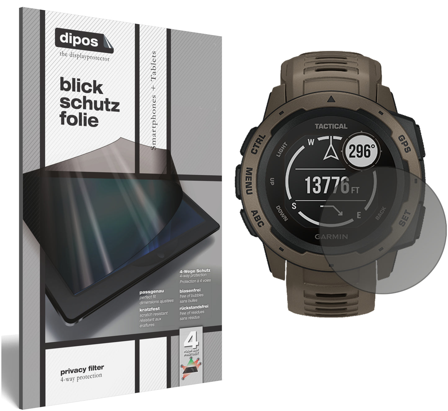 Blickschutzfolie von dipos passend für Garmin Instinct Tactical Edition, präziser Zuschnitt und blasenfrei montiert
