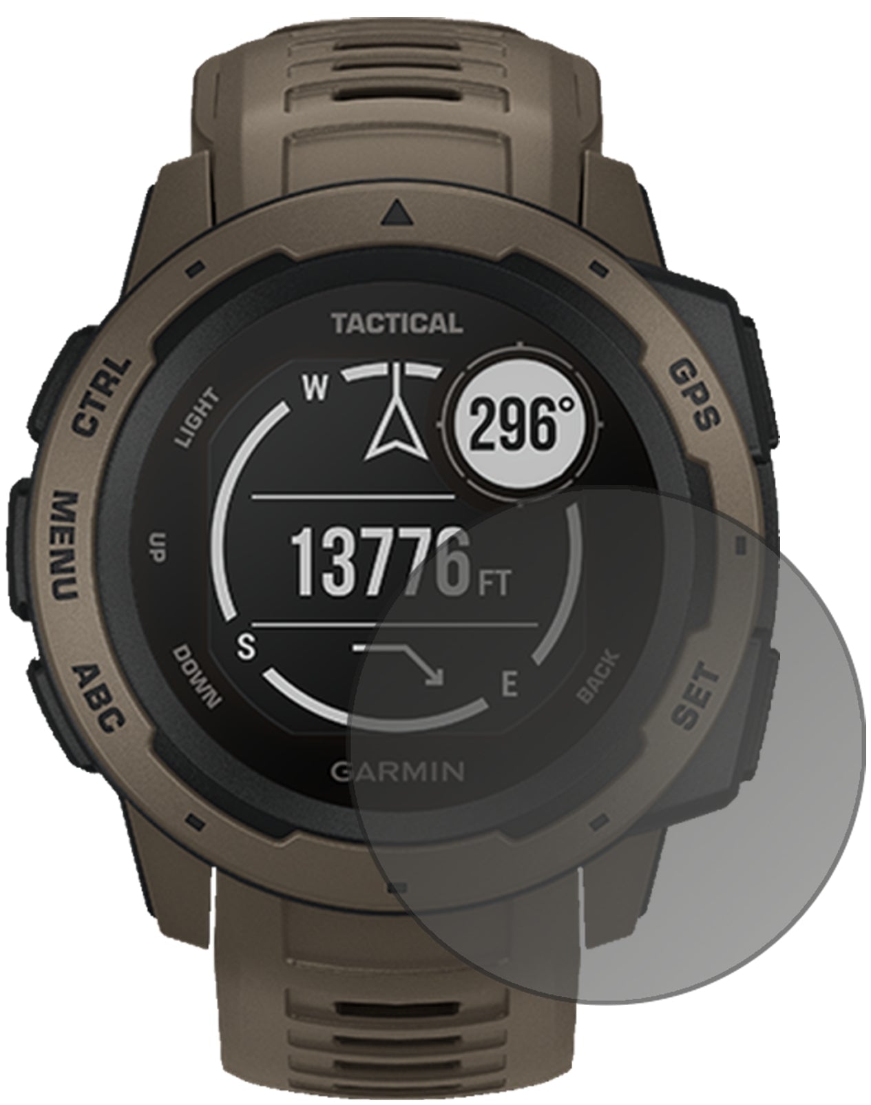 GarminInstinct Tactical Edition mit aufgebrachtem dipos Displayschutz, der seitliche Einblicke blockiert