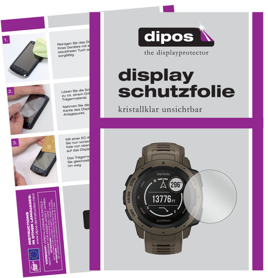 Klare Displayschutzfolie von dipos passend für Garmin Instinct Tactical Edition, präziser Zuschnitt und blasenfrei montiert