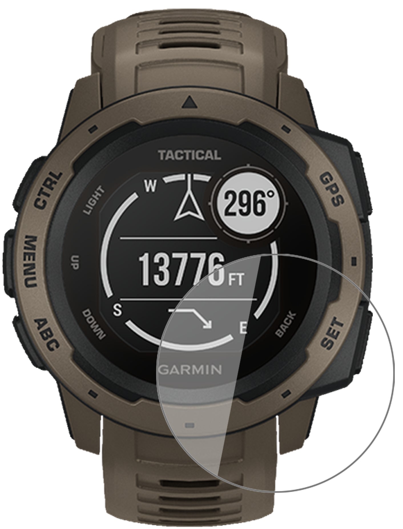 GarminInstinct Tactical Edition mit aufgebrachter dipos Flex Schutzfolie, glasklare Darstellung ohne Einschränkungen