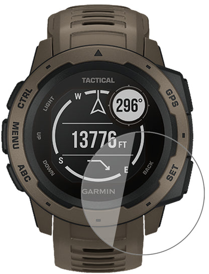 GarminInstinct Tactical Edition mit aufgebrachter dipos Flex Schutzfolie, glasklare Darstellung ohne Einschränkungen