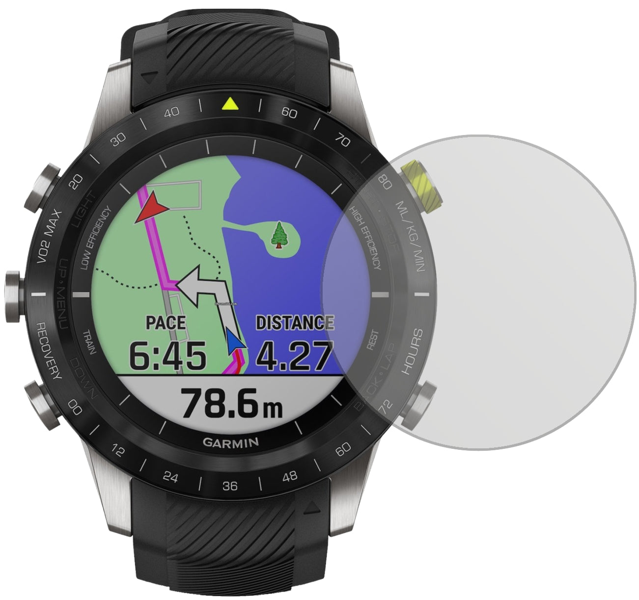 GarminMARQ Athlete mit aufgebrachter dipos Displayschutzfolie, die lästige Fingerabdrücke minimiert