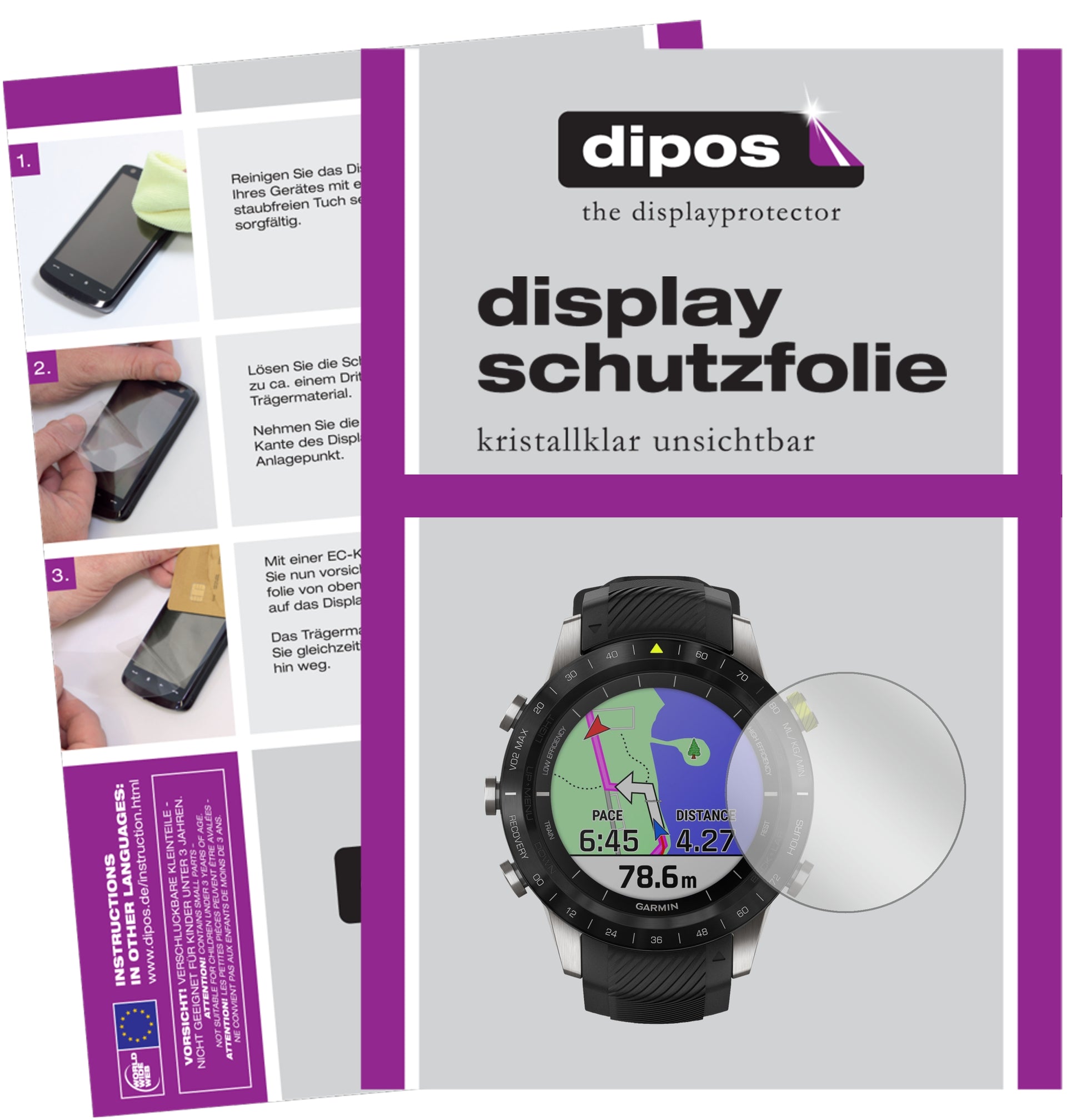 Klare Displayschutzfolie von dipos passend für Garmin MARQ Athlete, präziser Zuschnitt und blasenfrei montiert